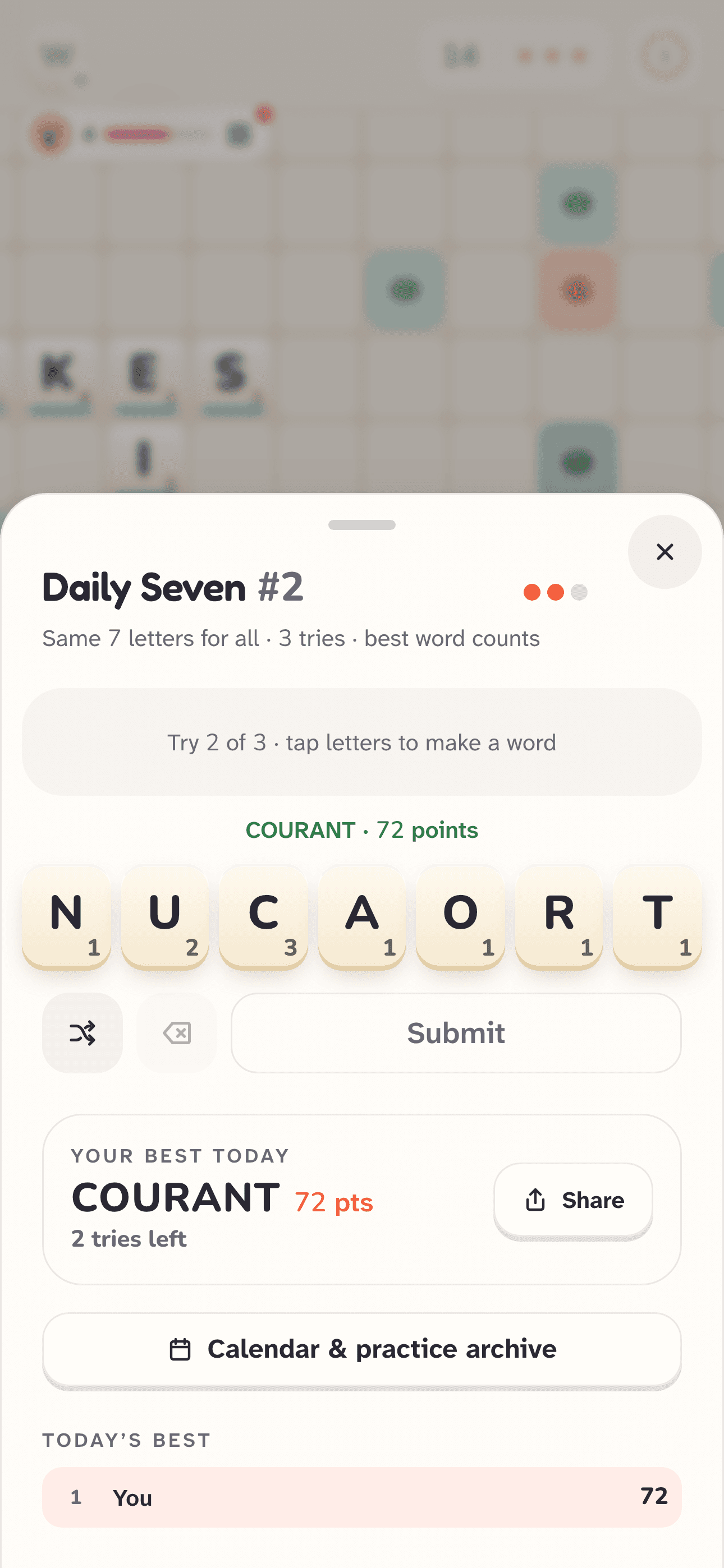 Daily Seven on a phone: the letters M E C N U A S, today's best word ACUMENS for 74 points, and a Share button.