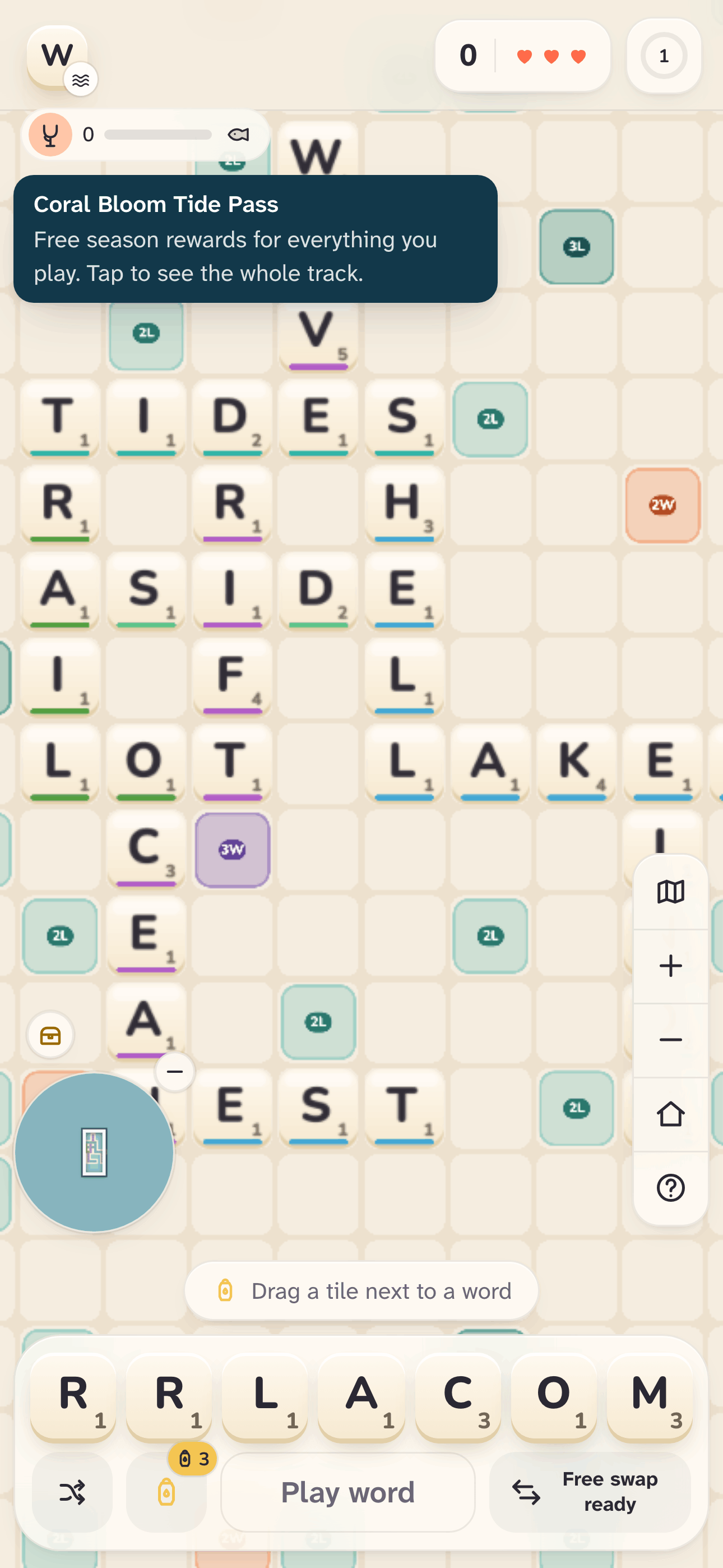 The Live World on a phone: crossing words like TIDES, ARISE and NEST on one shared board, with a seven-tile rack below.